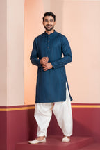 Zavaya Men Blue Embroidery Silk Kurta | Grocsy