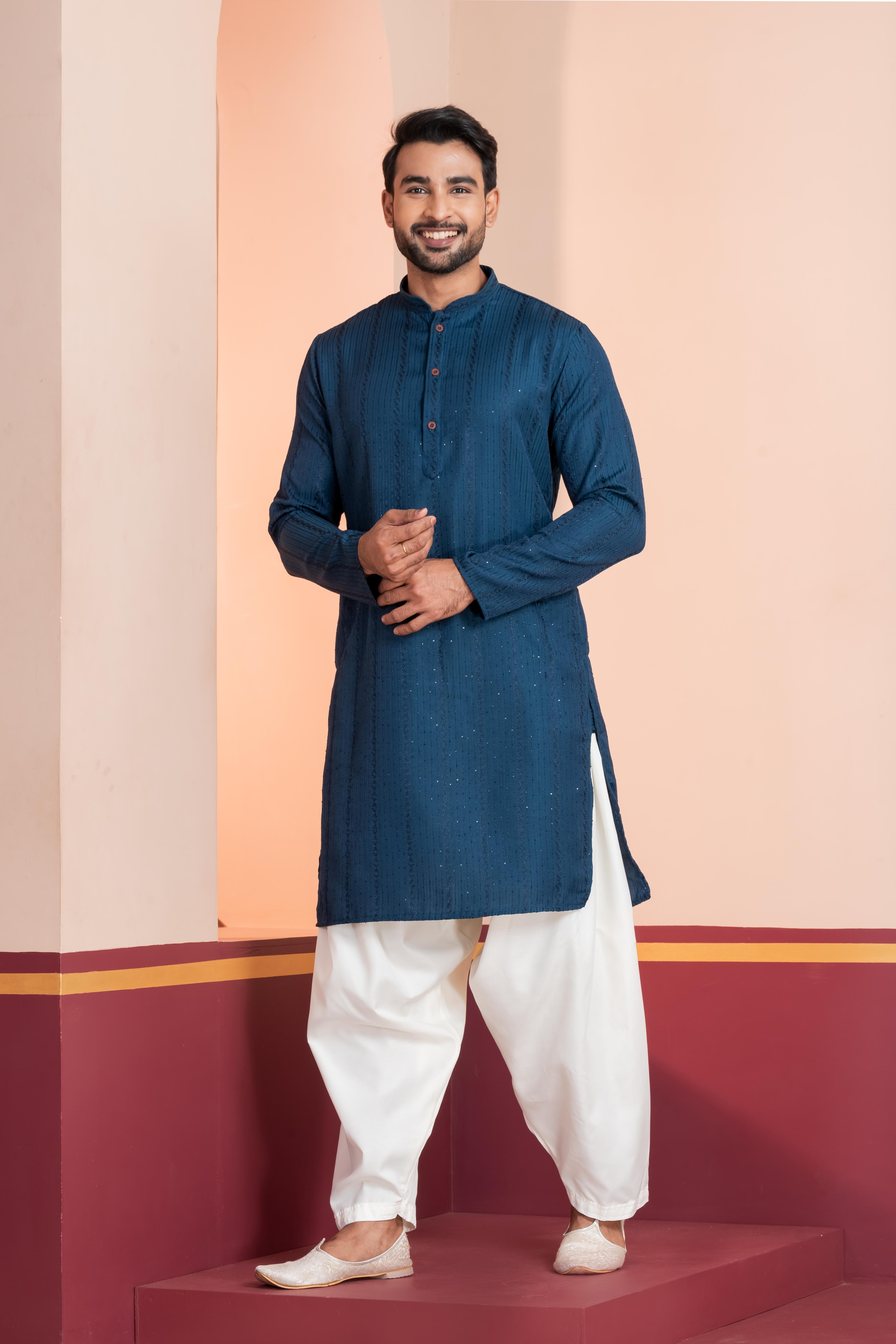 Zavaya Men Blue Embroidery Silk Kurta | Grocsy