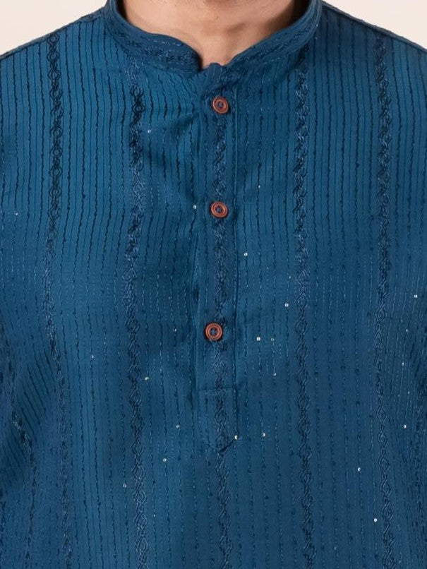 Zavaya Men Blue Embroidery Silk Kurta | Grocsy