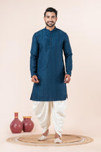 Zavaya Men Blue Embroidery Silk Kurta Dhoti Set | Grocsy