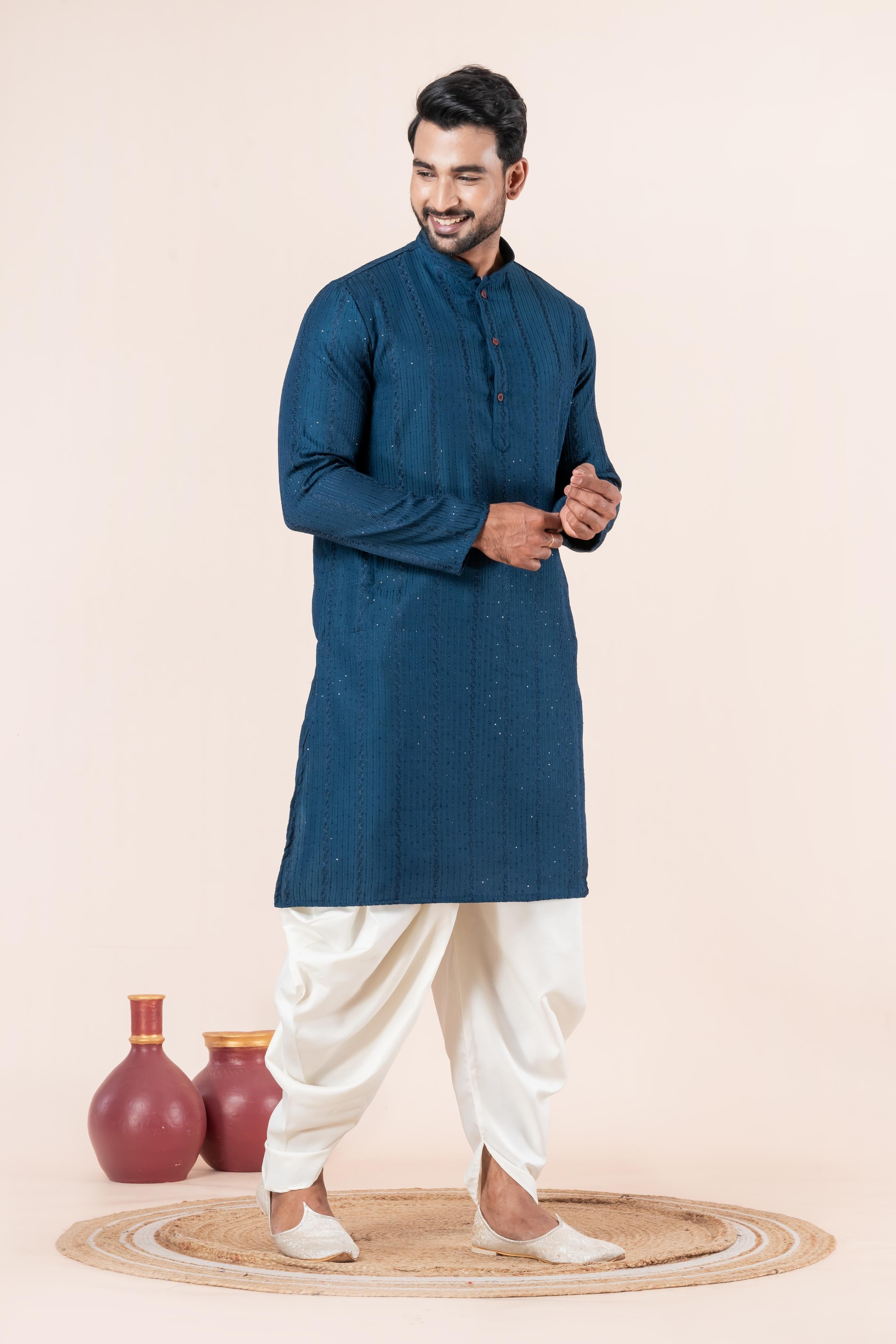 Zavaya Men Blue Embroidery Silk Kurta Dhoti Set | Grocsy