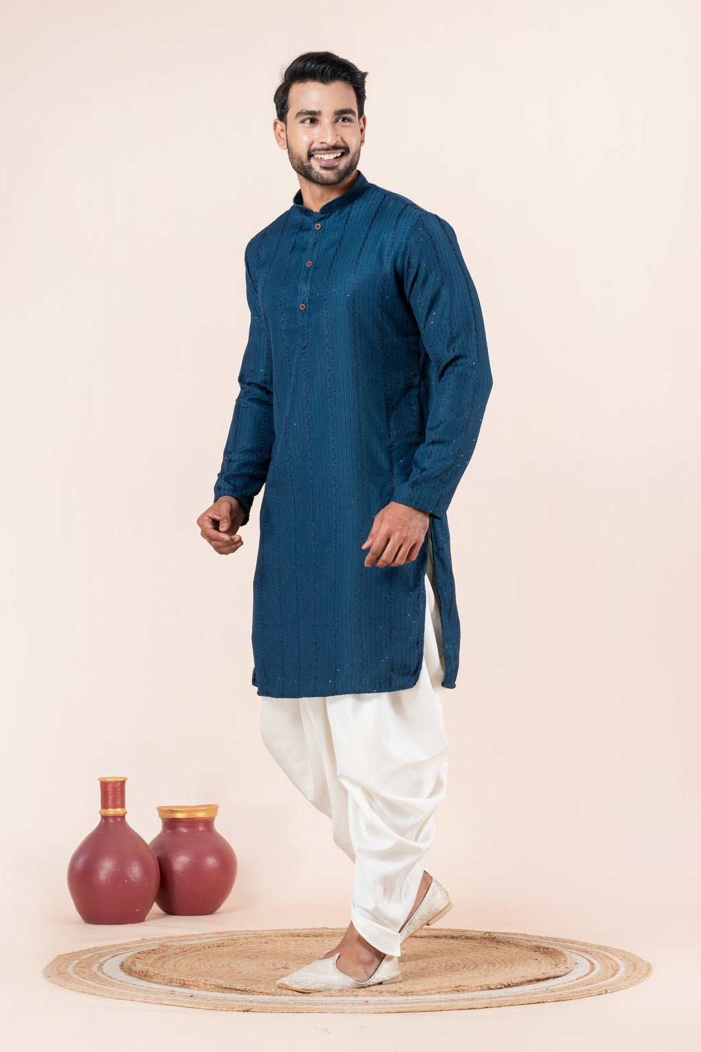 Zavaya Men Blue Embroidery Silk Kurta Dhoti Set | Grocsy