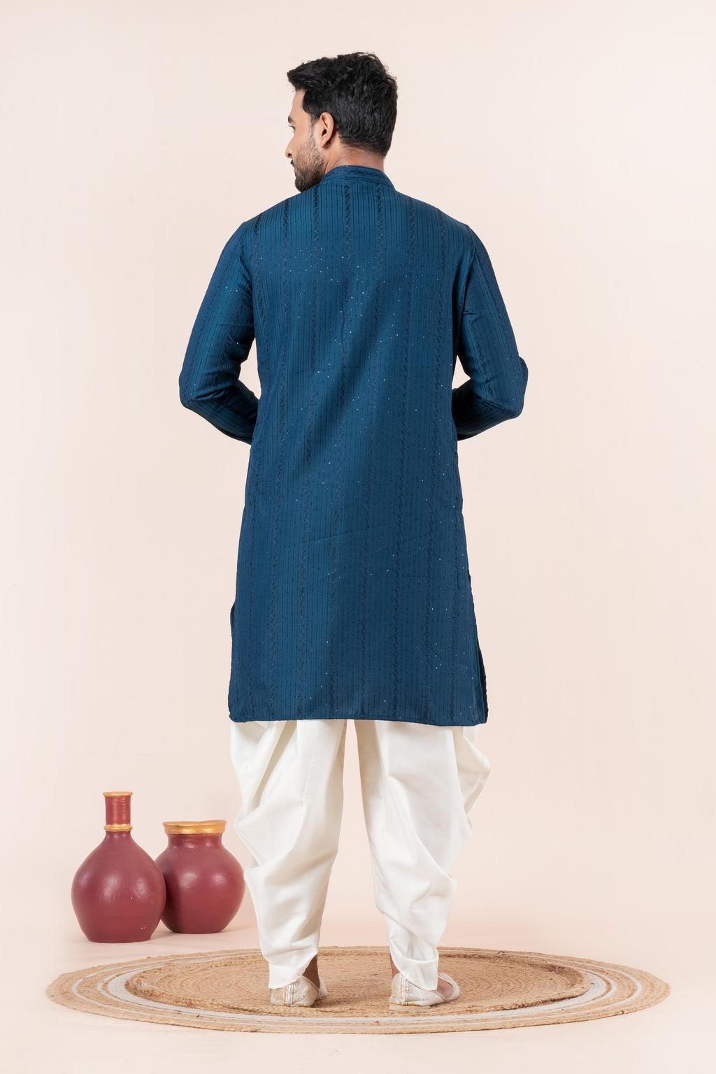 Zavaya Men Blue Embroidery Silk Kurta Dhoti Set | Grocsy