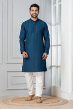 Zavaya Men Blue Embroidery Silk Kurta Pyjama Set | Grocsy