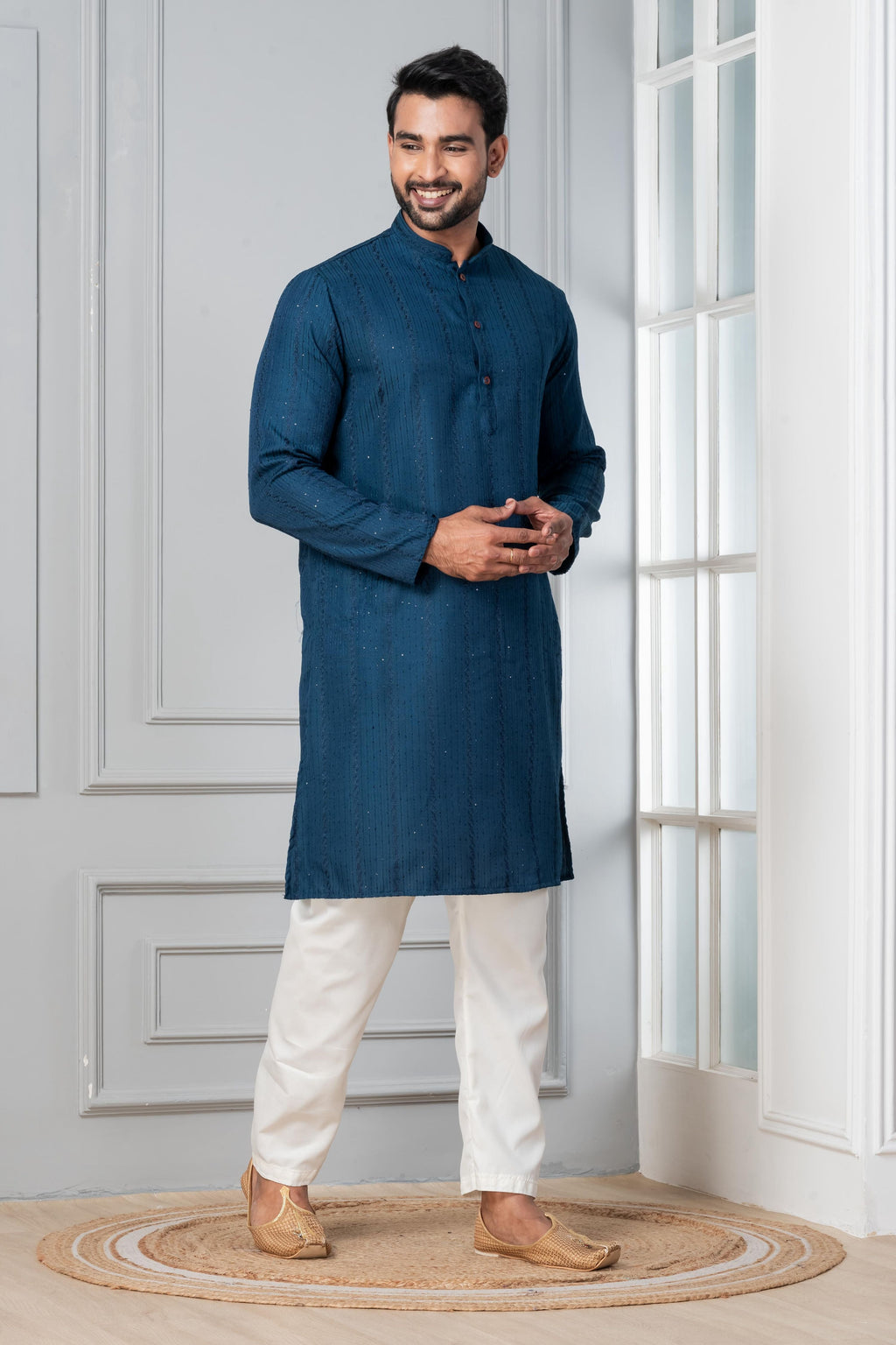 Zavaya Men Blue Embroidery Silk Kurta Pyjama Set | Grocsy