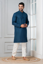 Zavaya Men Blue Embroidery Silk Kurta Pyjama Set | Grocsy