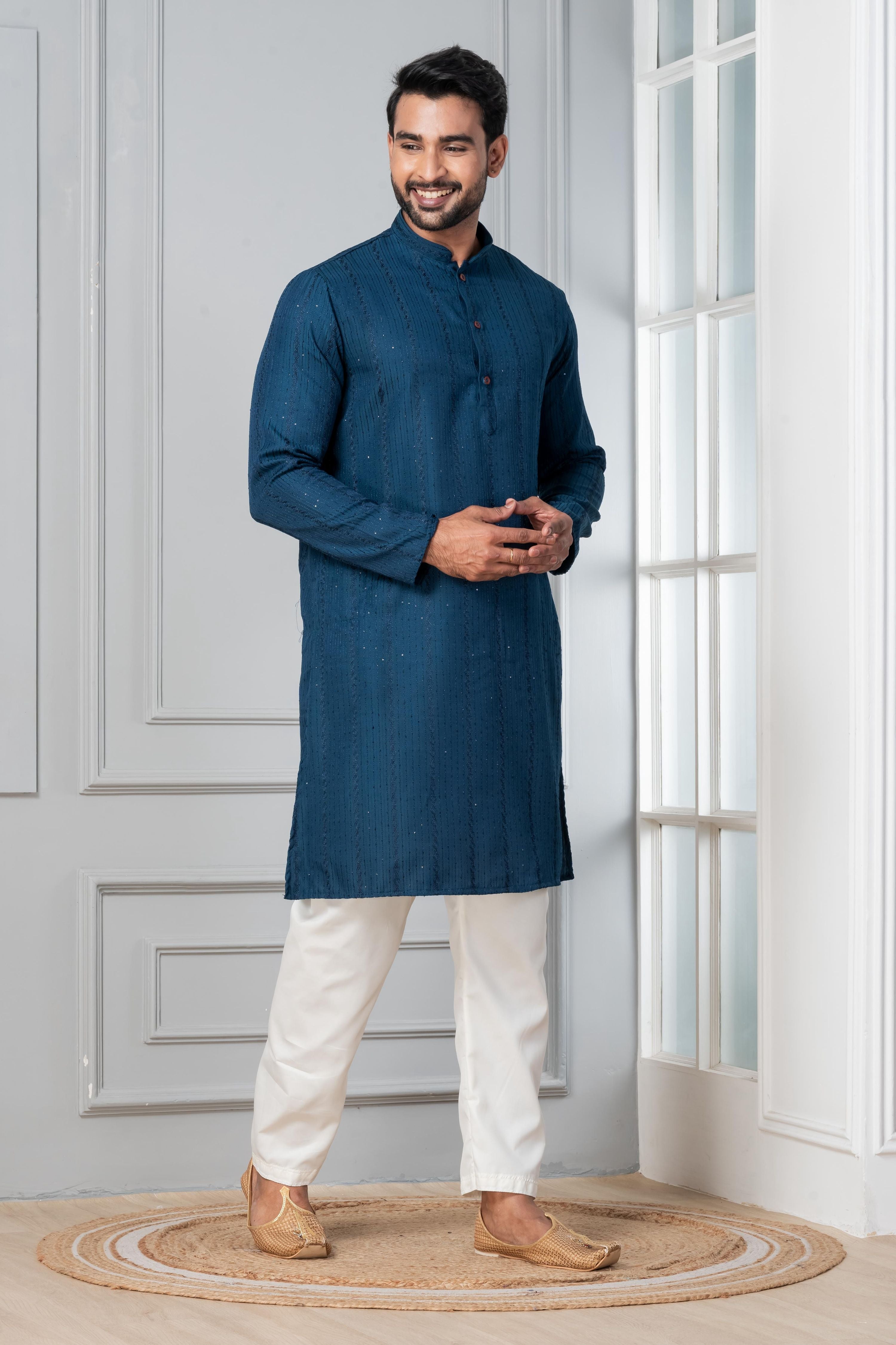 Zavaya Men Blue Embroidery Silk Kurta Pyjama Set | Grocsy