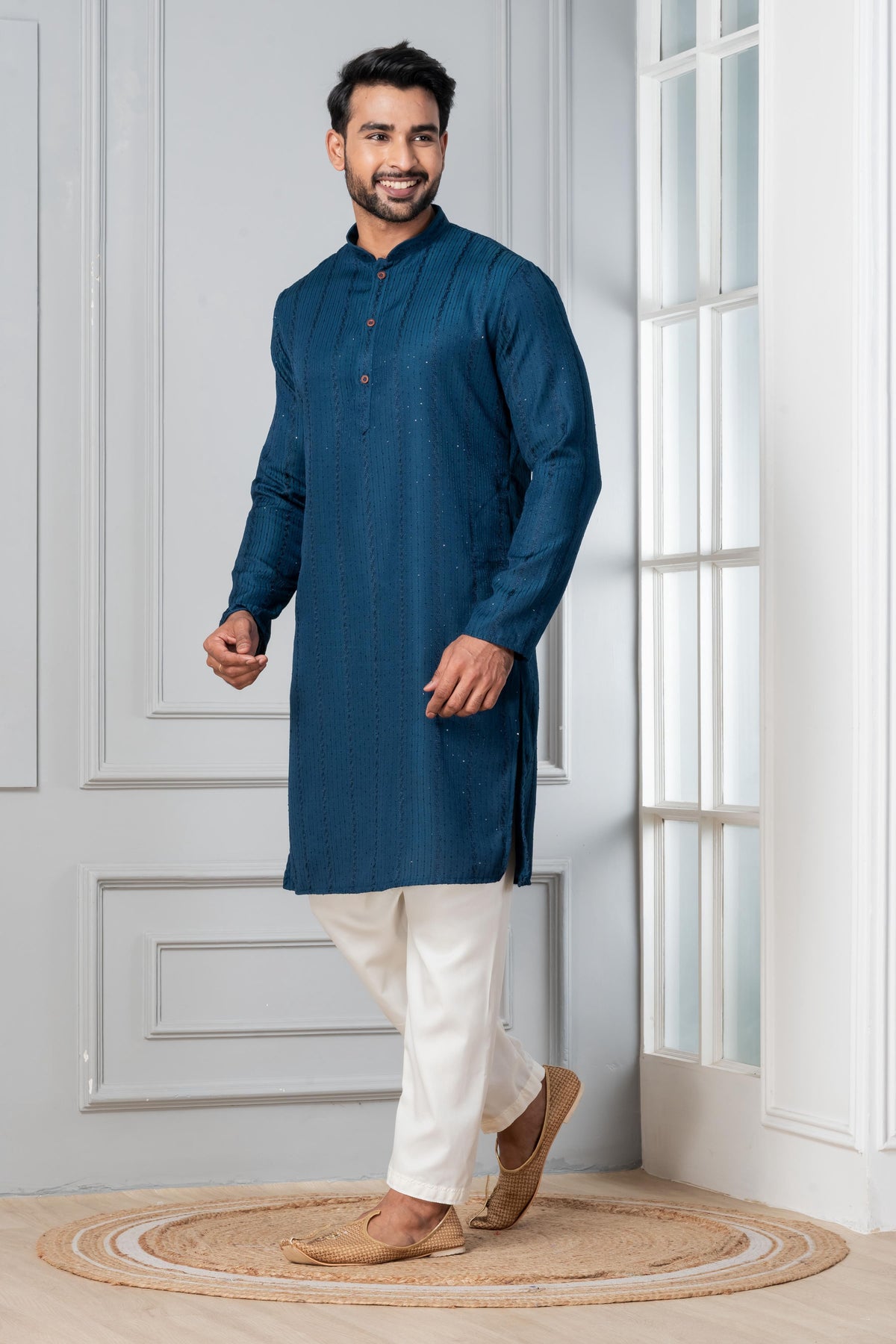 Zavaya Men Blue Embroidery Silk Kurta Pyjama Set | Grocsy