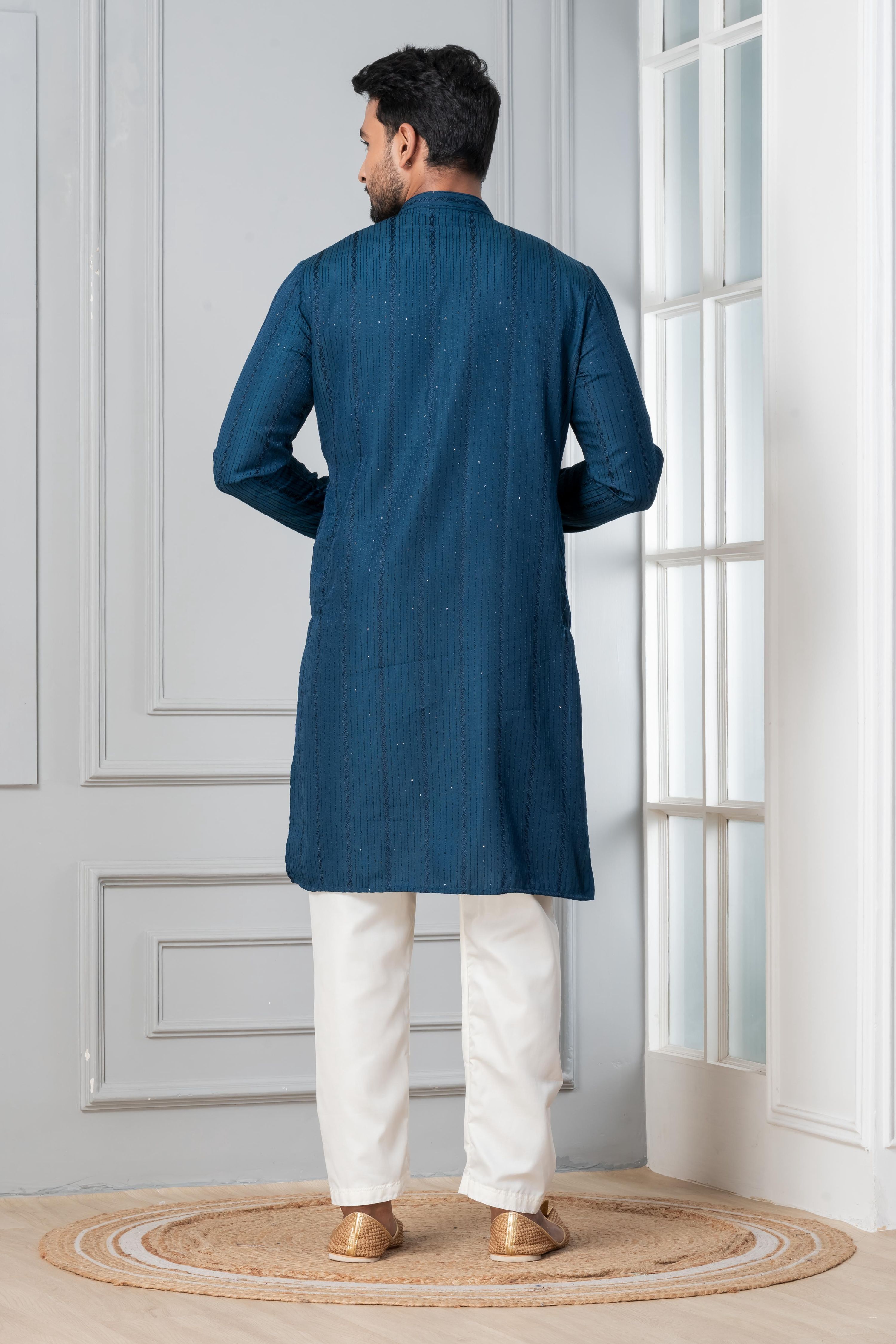 Zavaya Men Blue Embroidery Silk Kurta Pyjama Set | Grocsy