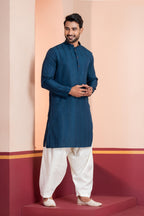 Zavaya Men Blue Embroidery Silk Kurta Patiala Set | Grocsy