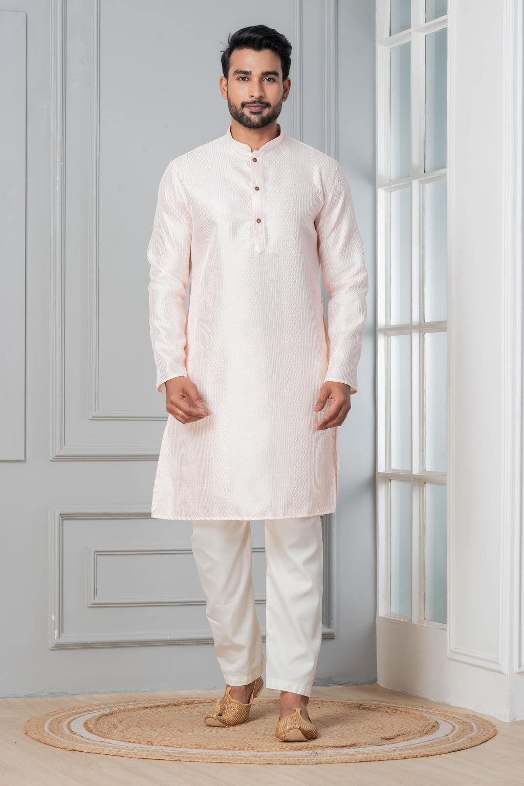 Zavaya Men Peach Embroidery Silk Kurta | Grocsy