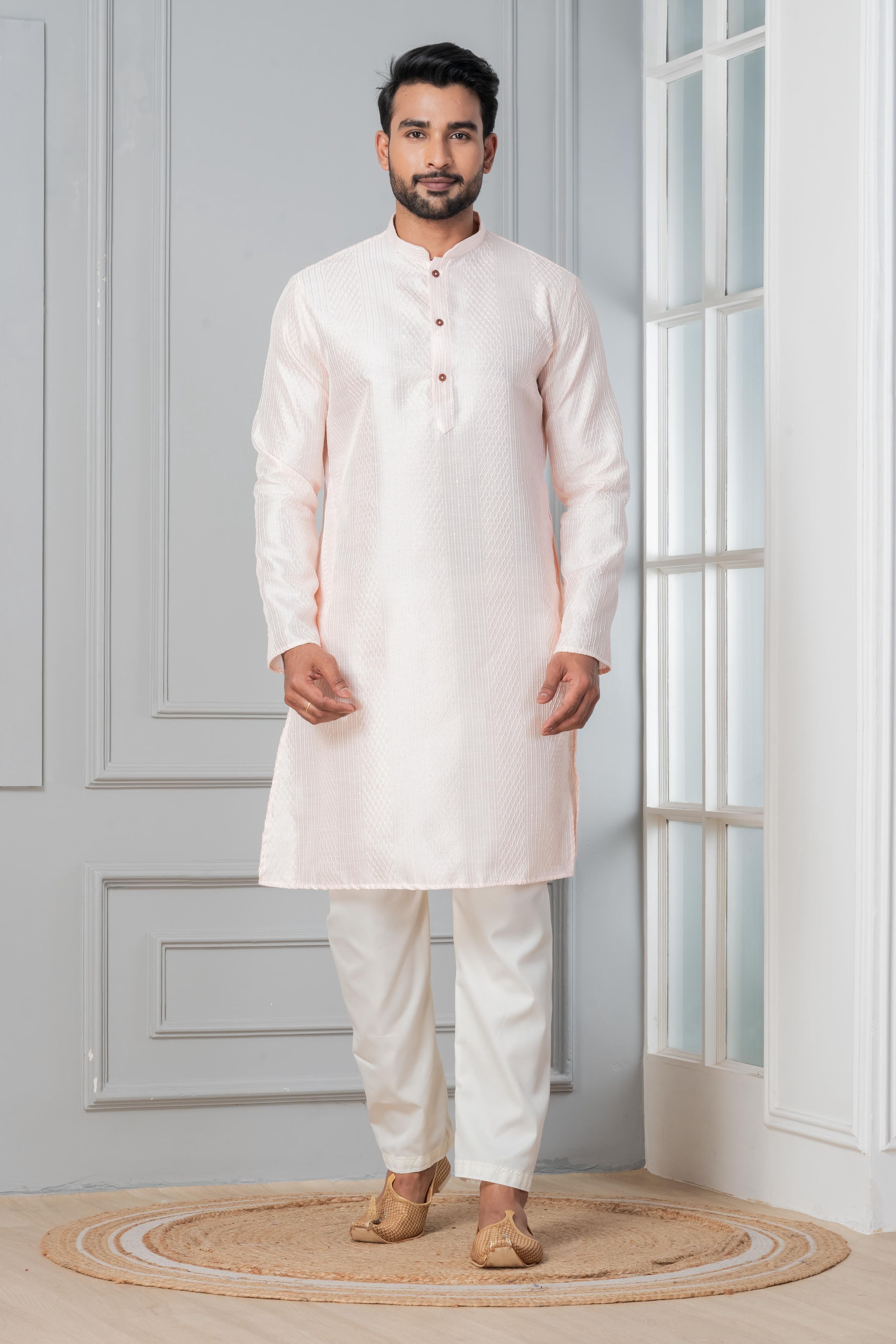Zavaya Men Peach Embroidery Silk Kurta | Grocsy