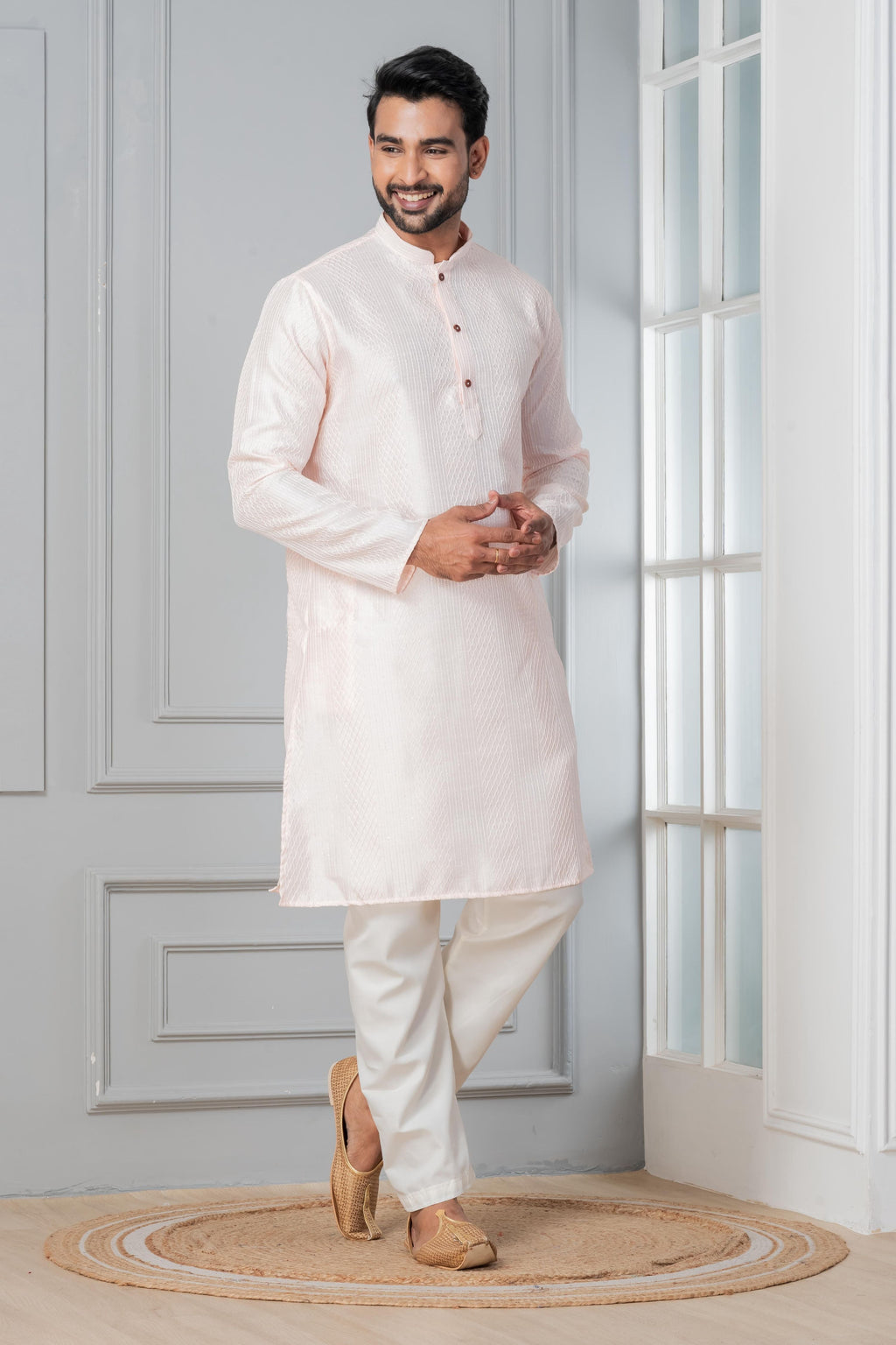 Zavaya Men Peach Embroidery Silk Kurta | Grocsy