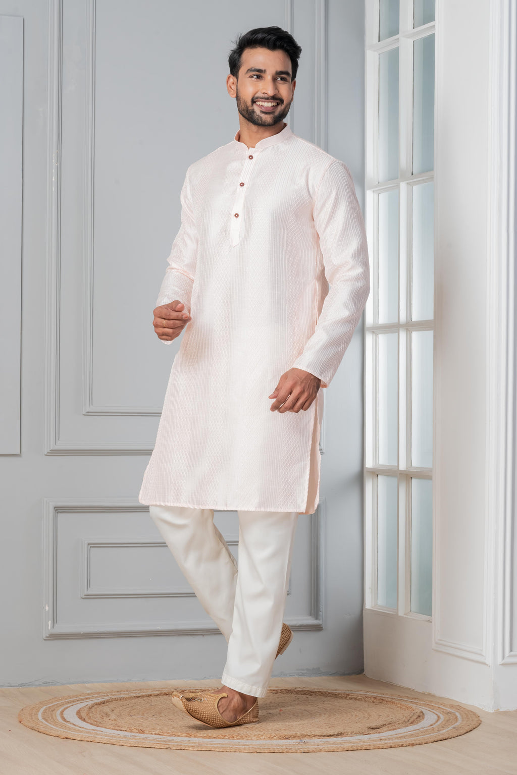 Zavaya Men Peach Embroidery Silk Kurta | Grocsy