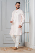 Zavaya Men Peach Embroidery Silk Kurta | Grocsy