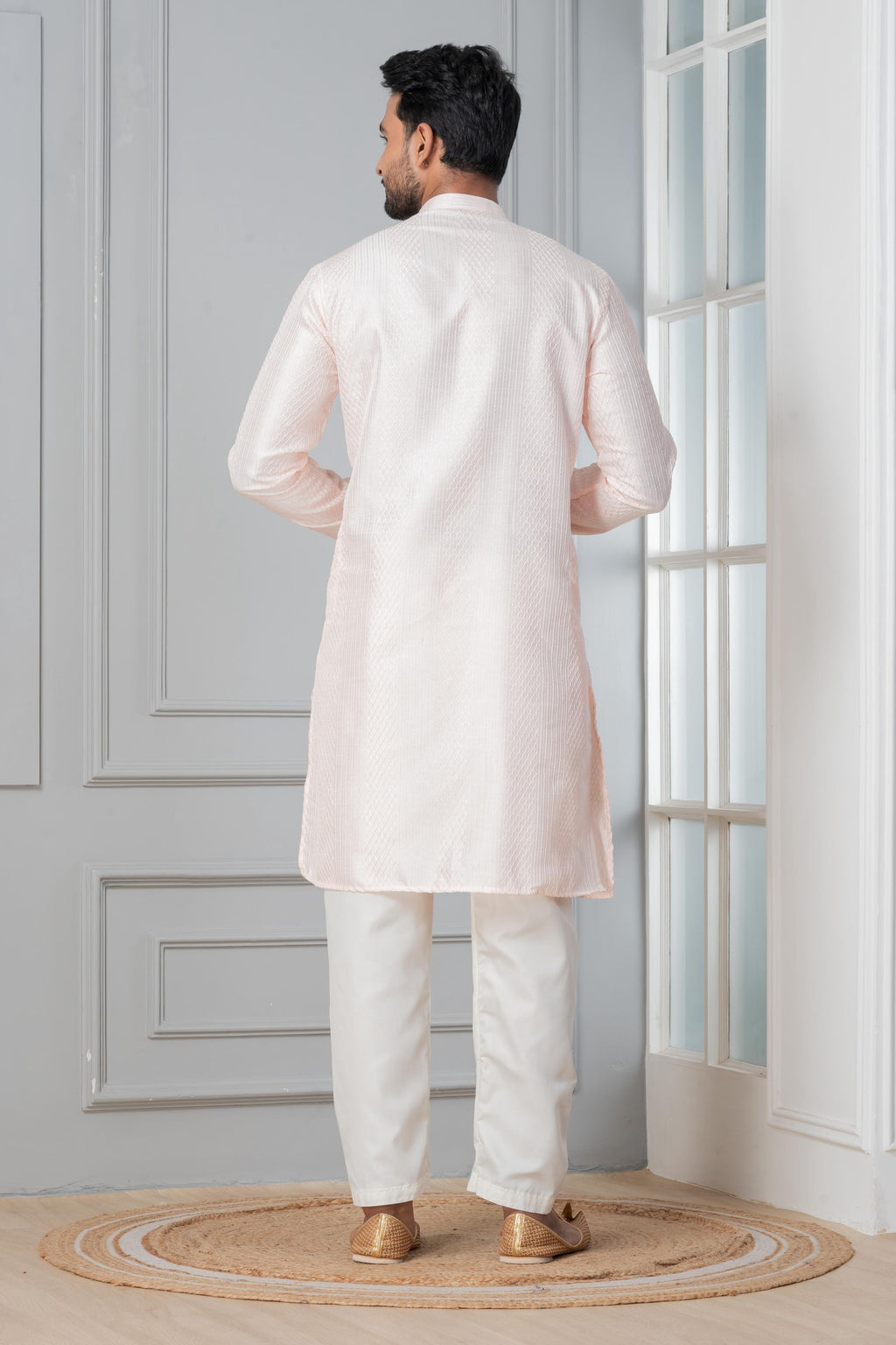 Zavaya Men Peach Embroidery Silk Kurta | Grocsy