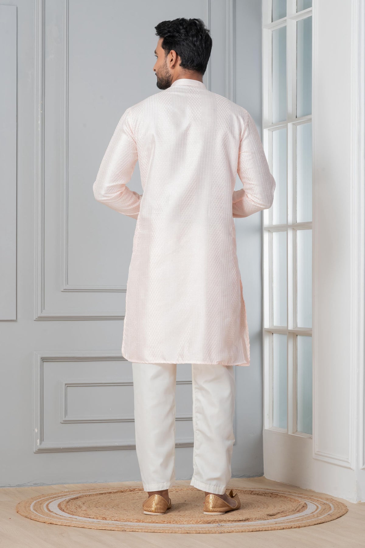 Zavaya Men Peach Embroidery Silk Kurta | Grocsy