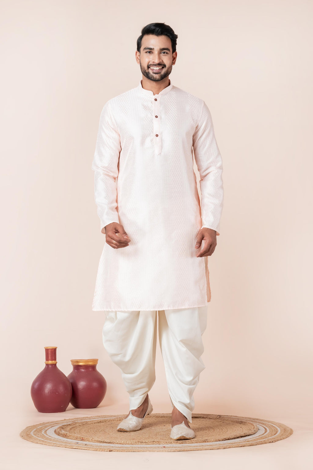 Zavaya Men Peach Embroidery Silk Kurta Dhoti Set | Grocsy