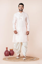 Zavaya Men Peach Embroidery Silk Kurta Dhoti Set | Grocsy