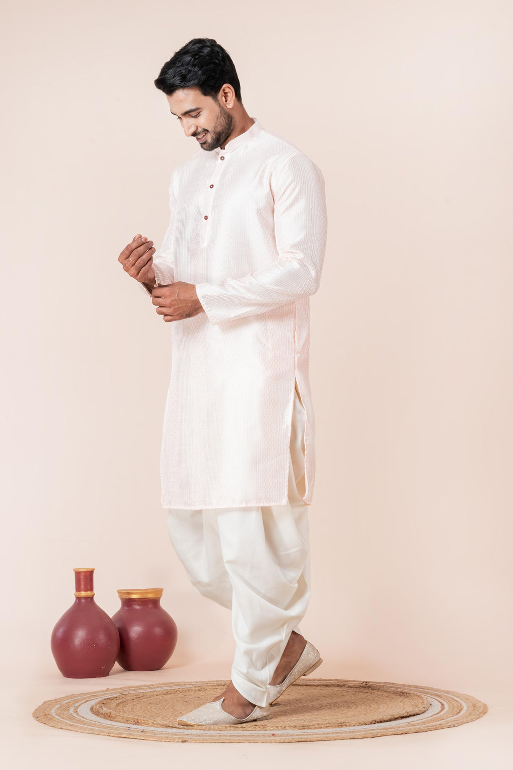 Zavaya Men Peach Embroidery Silk Kurta Dhoti Set | Grocsy