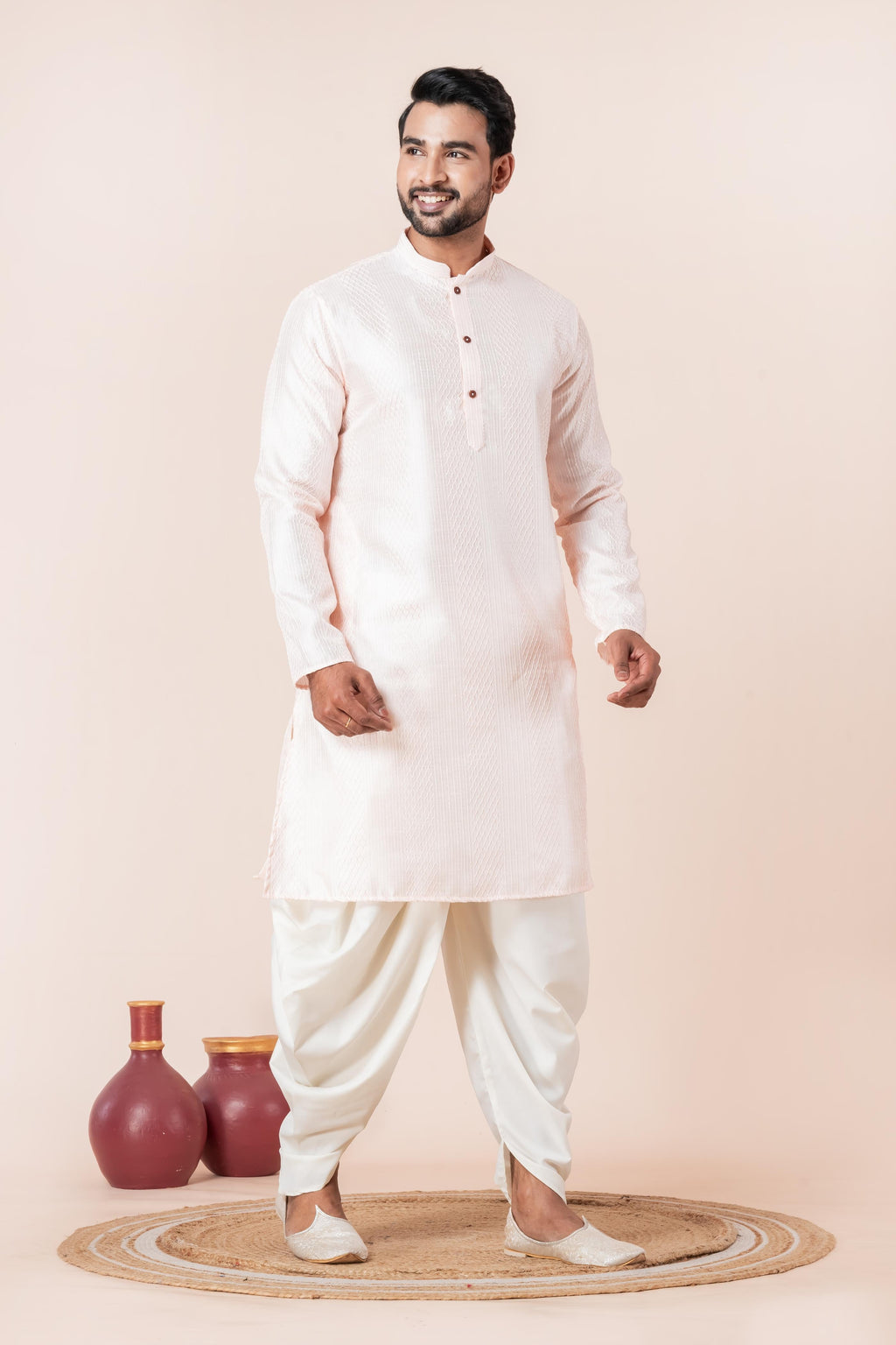 Zavaya Men Peach Embroidery Silk Kurta Dhoti Set | Grocsy