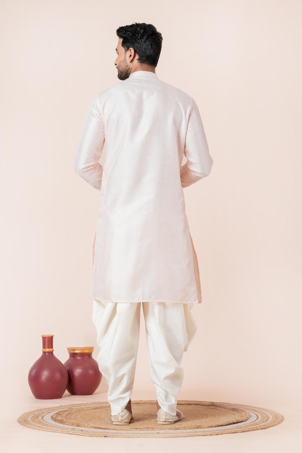 Zavaya Men Peach Embroidery Silk Kurta Dhoti Set | Grocsy