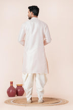 Zavaya Men Peach Embroidery Silk Kurta Dhoti Set | Grocsy