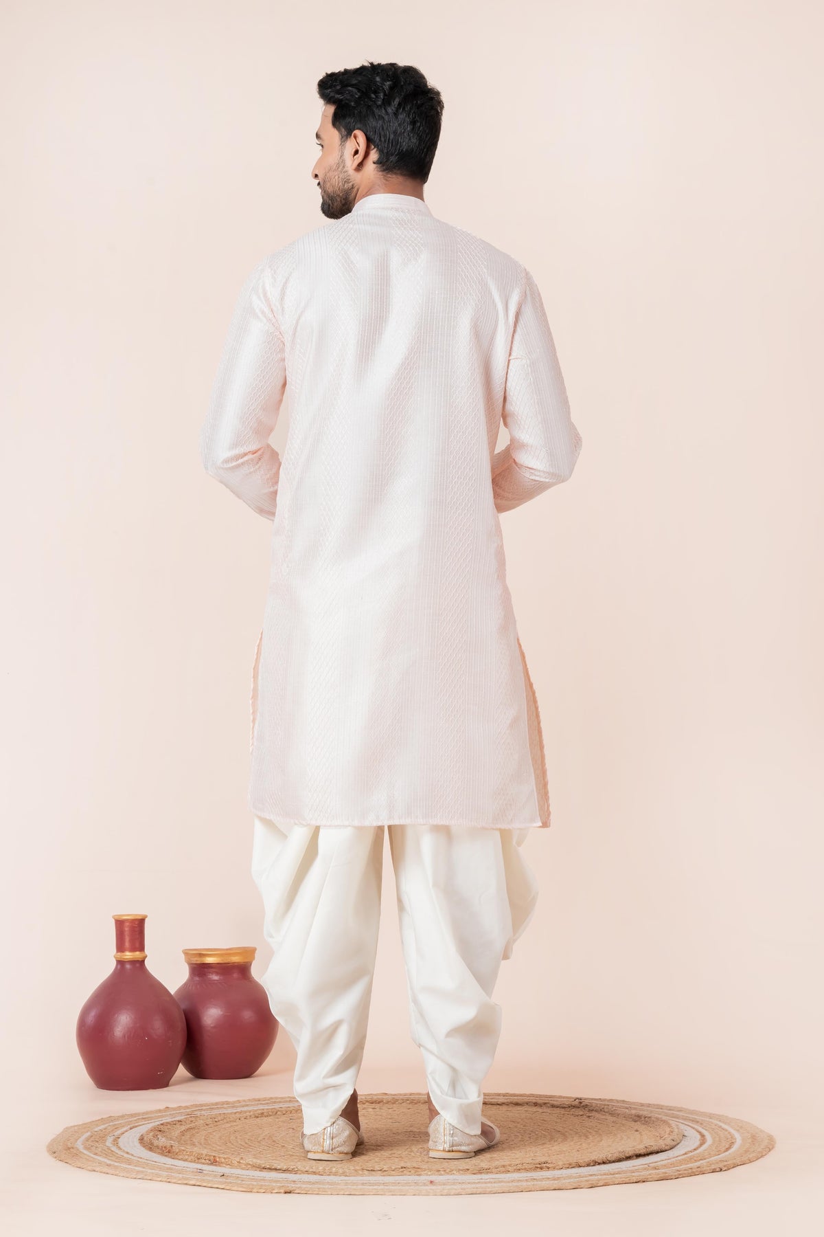 Zavaya Men Peach Embroidery Silk Kurta Dhoti Set | Grocsy