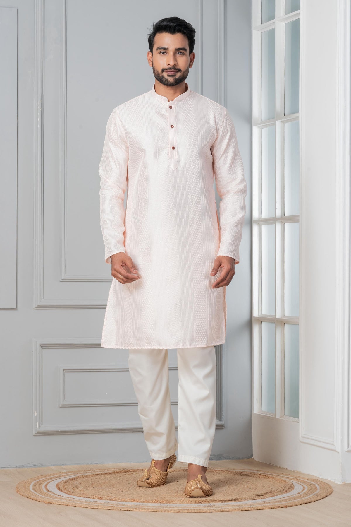 Zavaya Men Peach Embroidery Silk Kurta Pyjama Set | Grocsy