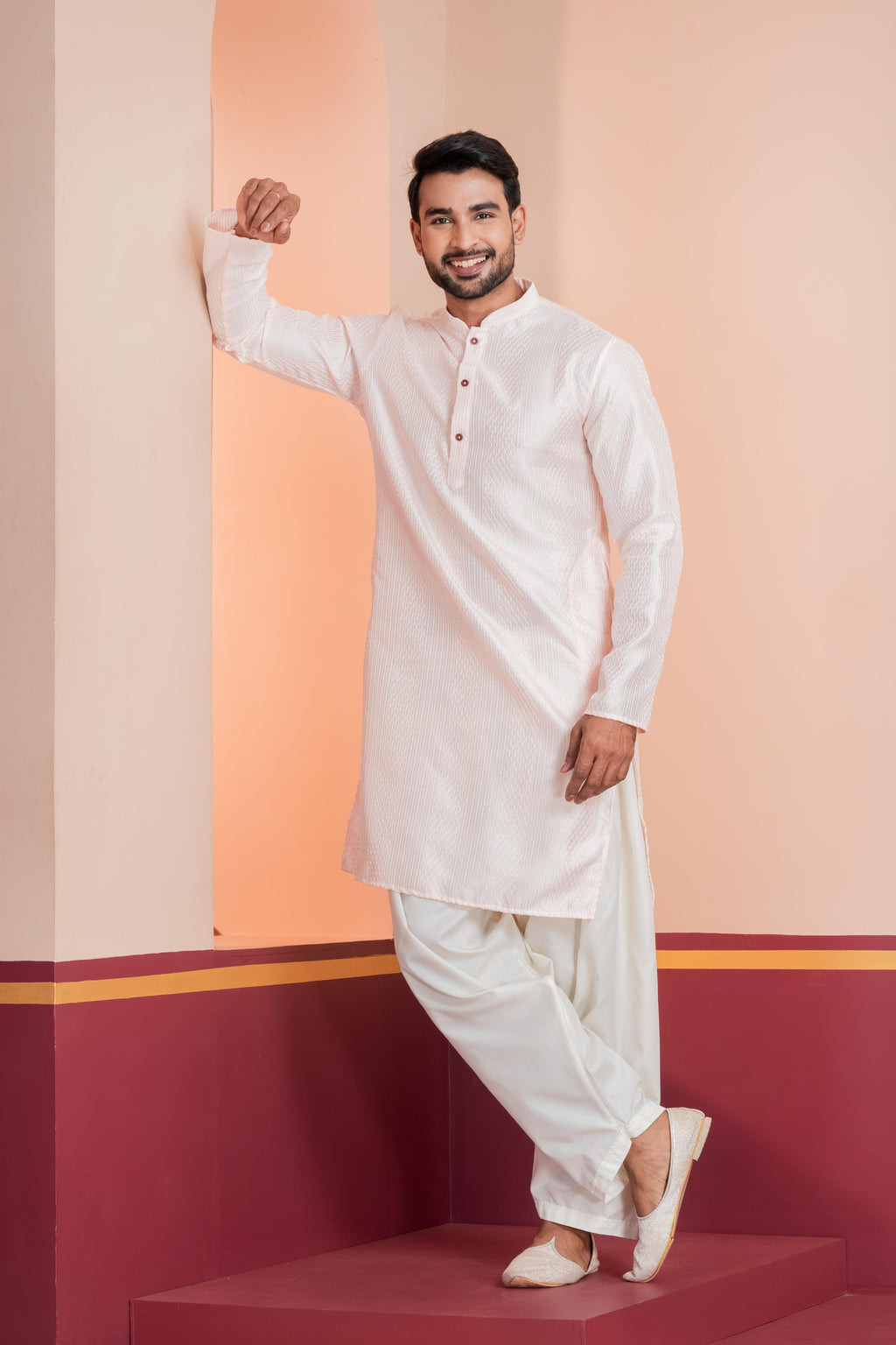 Zavaya Men Peach Embroidery Silk Kurta Patiala Set | Grocsy