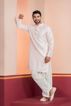 Zavaya Men Peach Embroidery Silk Kurta Patiala Set | Grocsy