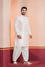 Zavaya Men Peach Embroidery Silk Kurta Patiala Set | Grocsy