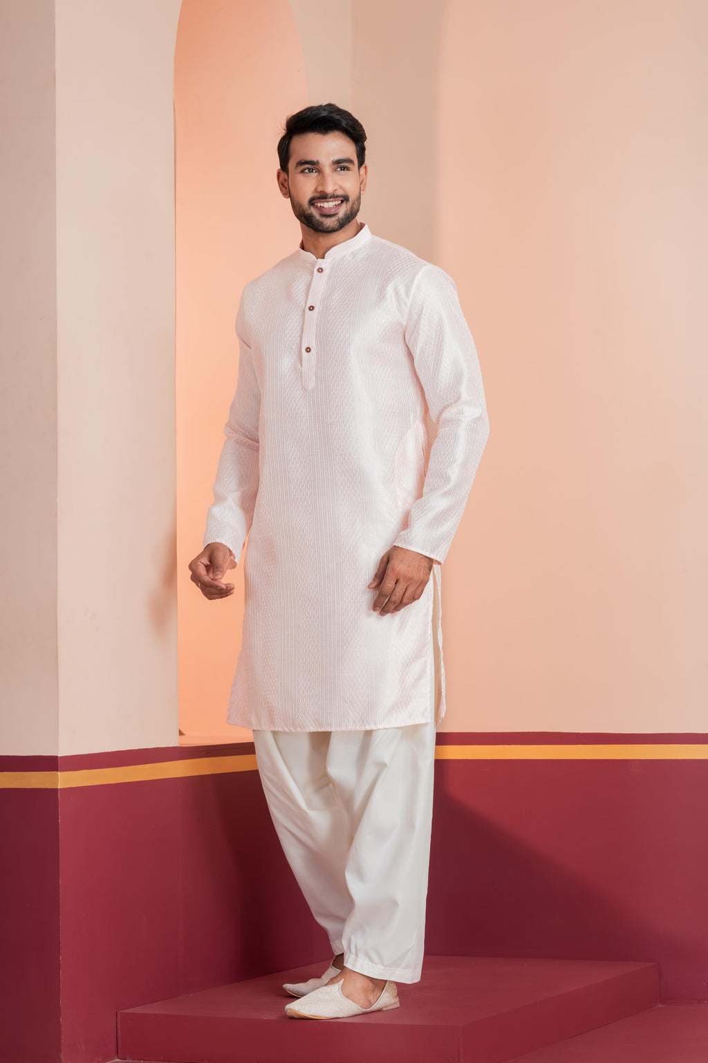 Zavaya Men Peach Embroidery Silk Kurta Patiala Set | Grocsy