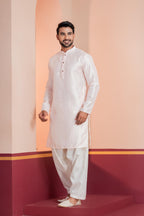 Zavaya Men Peach Embroidery Silk Kurta Patiala Set | Grocsy
