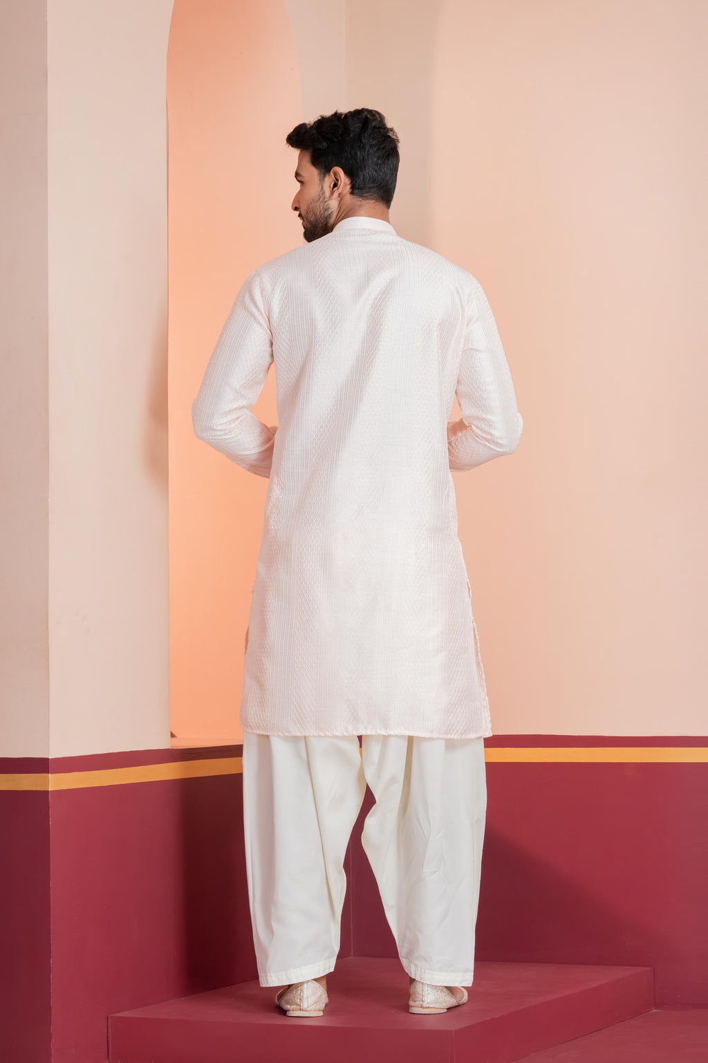 Zavaya Men Peach Embroidery Silk Kurta Patiala Set | Grocsy