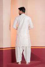 Zavaya Men Peach Embroidery Silk Kurta Patiala Set | Grocsy