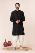 Zavaya Men Black Embroidery Cotton Blend Kurta Dhoti Set | Grocsy