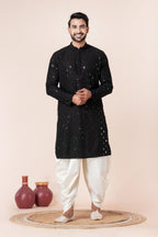 Zavaya Men Black Embroidery Cotton Blend Kurta Dhoti Set | Grocsy