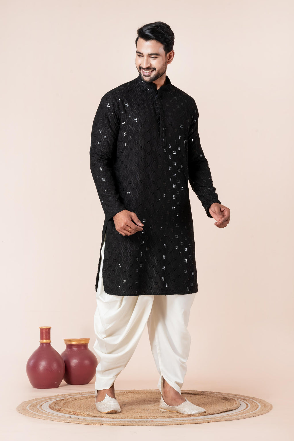 Zavaya Men Black Embroidery Cotton Blend Kurta Dhoti Set | Grocsy