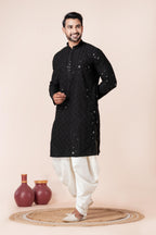 Zavaya Men Black Embroidery Cotton Blend Kurta Dhoti Set | Grocsy