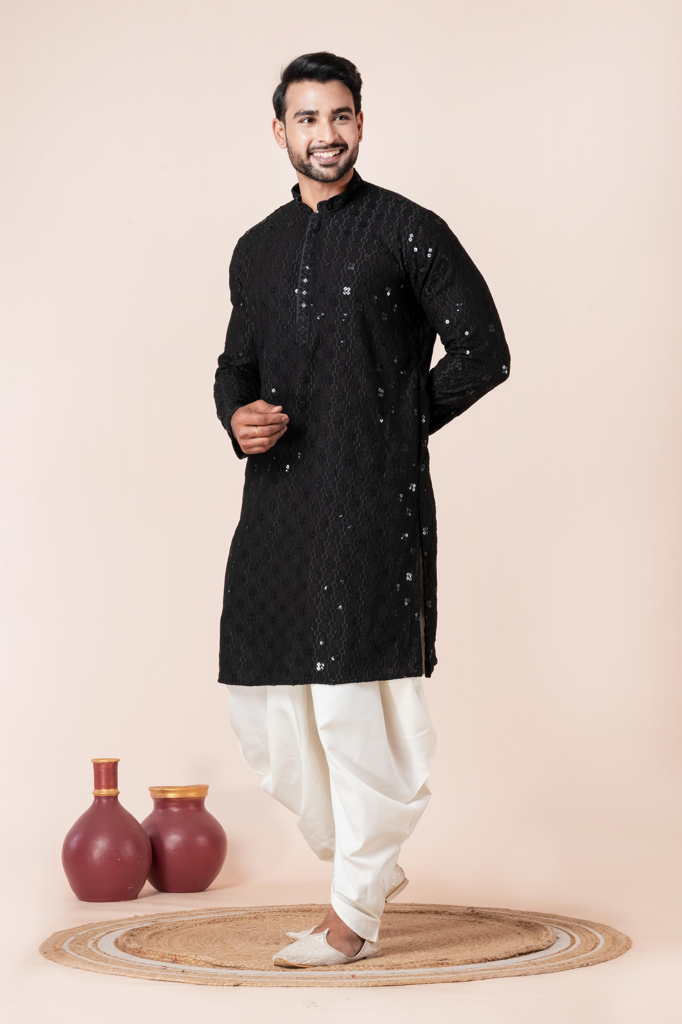 Zavaya Men Black Embroidery Cotton Blend Kurta Dhoti Set | Grocsy