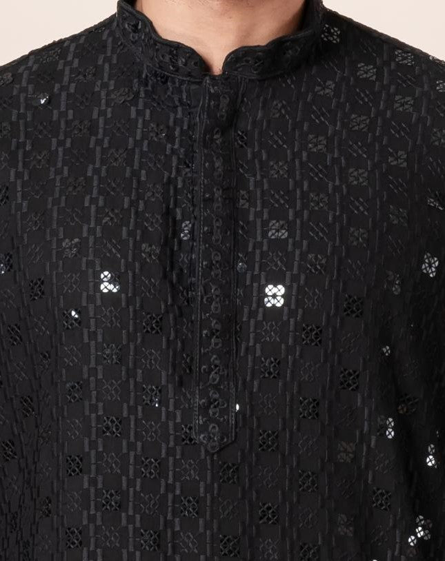 Zavaya Men Black Embroidery Cotton Blend Kurta Dhoti Set | Grocsy