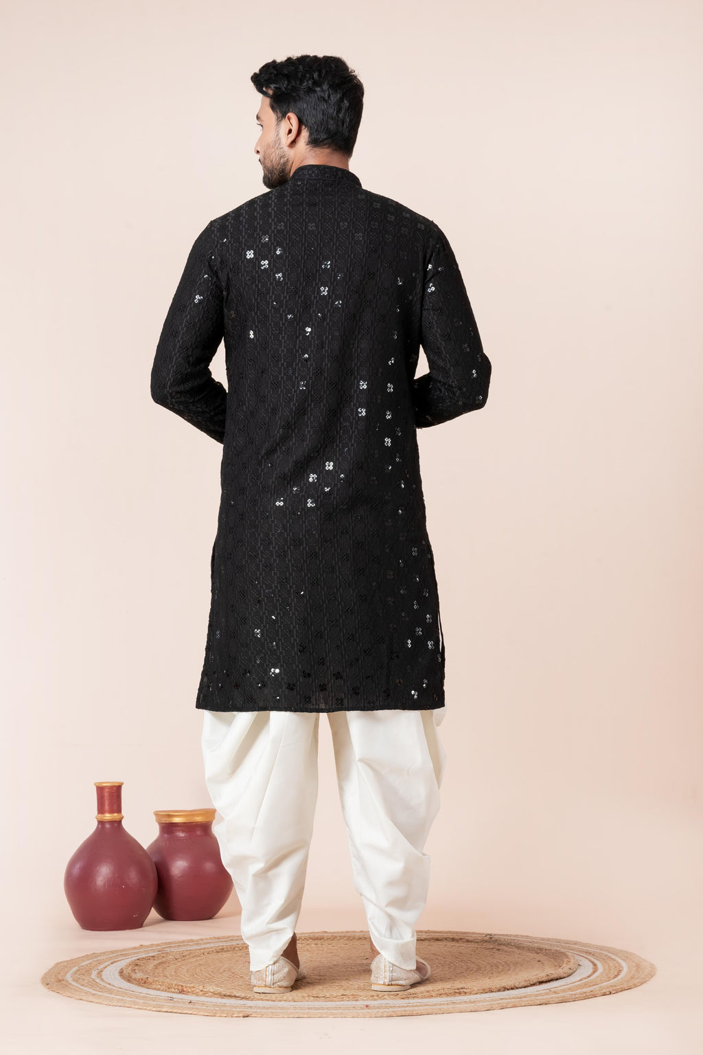 Zavaya Men Black Embroidery Cotton Blend Kurta Dhoti Set | Grocsy