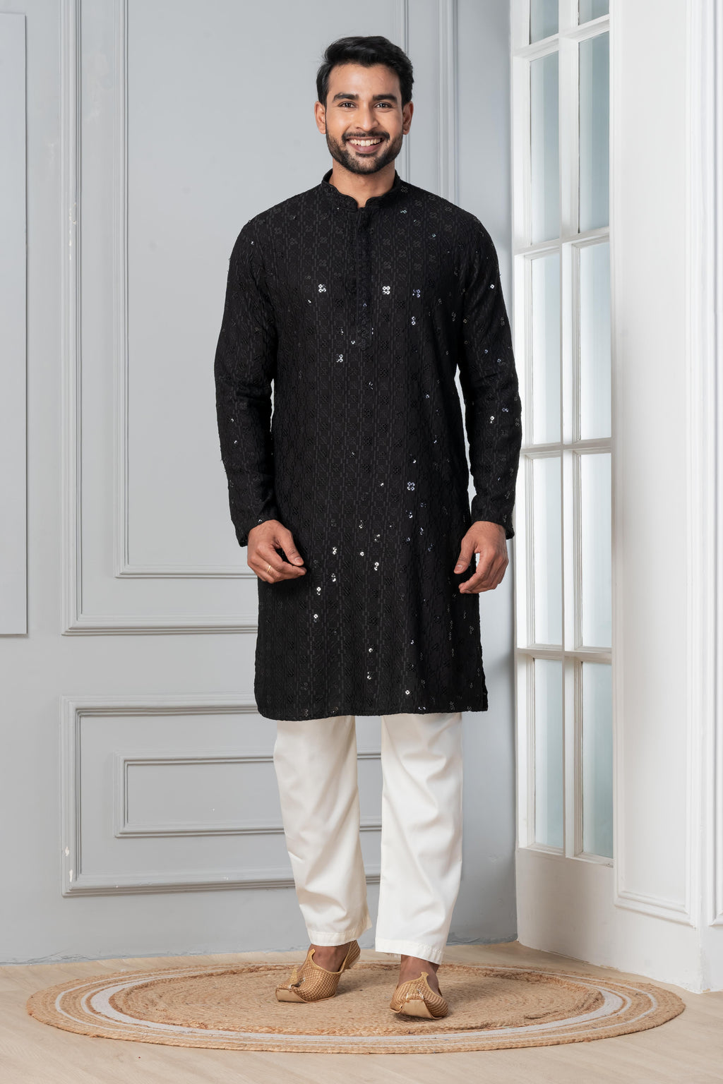 Zavaya Men Black Embroidery Cotton Blend Kurta Pyjama Set | Grocsy