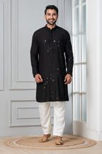 Zavaya Men Black Embroidery Cotton Blend Kurta Pyjama Set | Grocsy