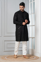 Zavaya Men Black Embroidery Cotton Blend Kurta Pyjama Set | Grocsy