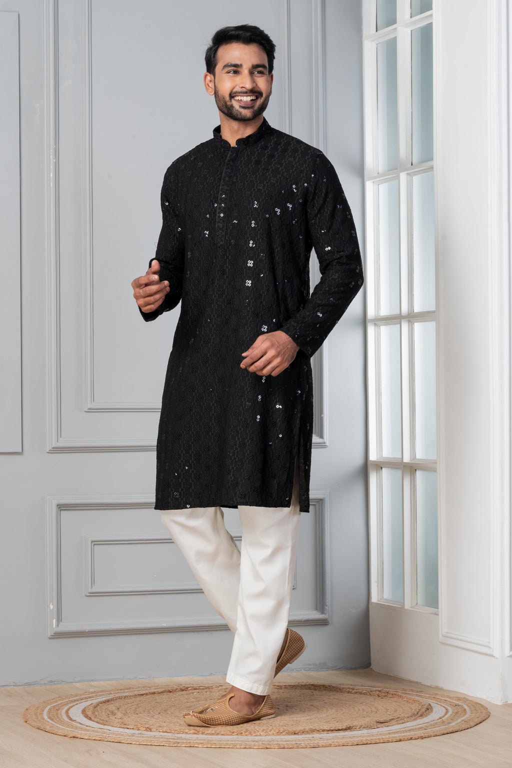 Zavaya Men Black Embroidery Cotton Blend Kurta Pyjama Set | Grocsy