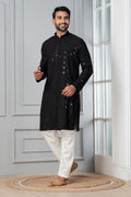 Zavaya Men Black Embroidery Cotton Blend Kurta Pyjama Set | Grocsy