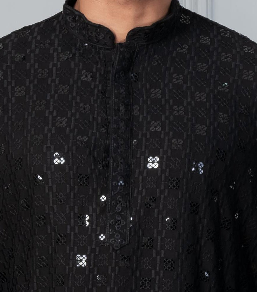 Zavaya Men Black Embroidery Cotton Blend Kurta Pyjama Set | Grocsy