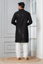 Zavaya Men Black Embroidery Cotton Blend Kurta Pyjama Set | Grocsy